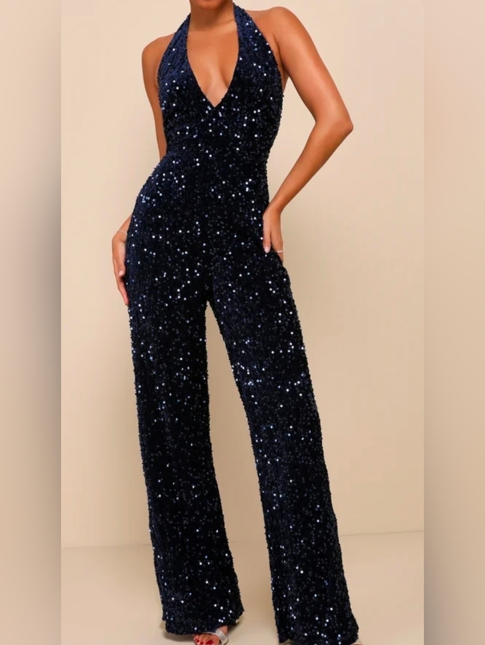 NWT Sequined Navy Blue Wide-Leg Jumpsuit, Sz M * Stretch* Fully Lined